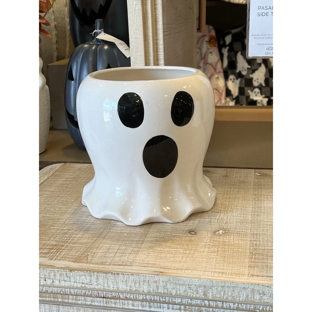 Ghost Shaped Vase Ceramic Halloween Candy Bucket Tabletop Decoration New 10in